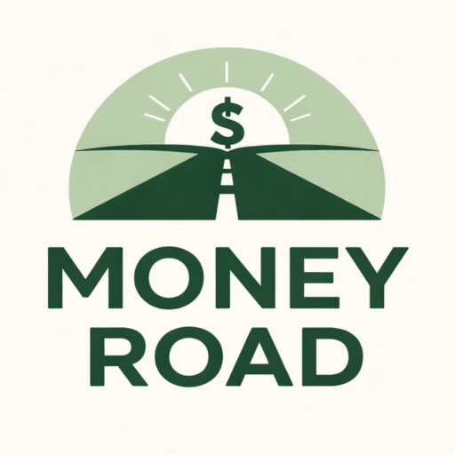 Money Road logo. Image of long, straight road with a dollar sign on a rising sun in the horizon