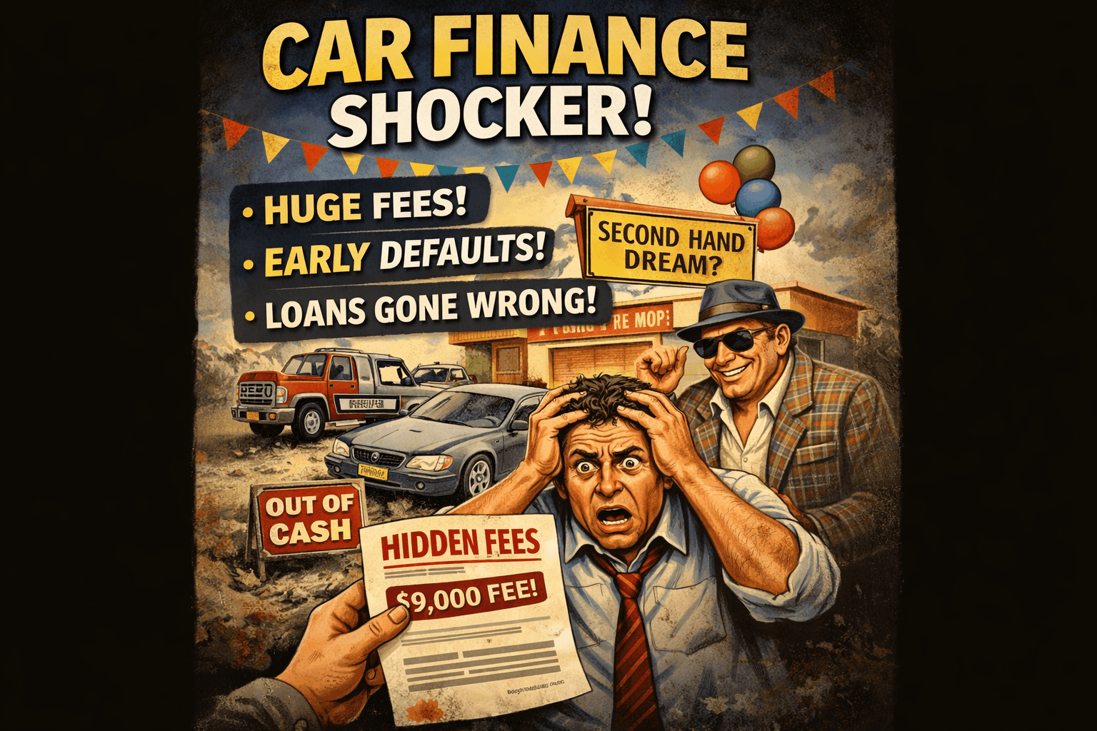 cartoon illustrates how consumers can be scammed by shifty car finance providers