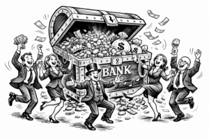 This is a cartoon image of a group of bankers dancing around a treasure chest filled with riches