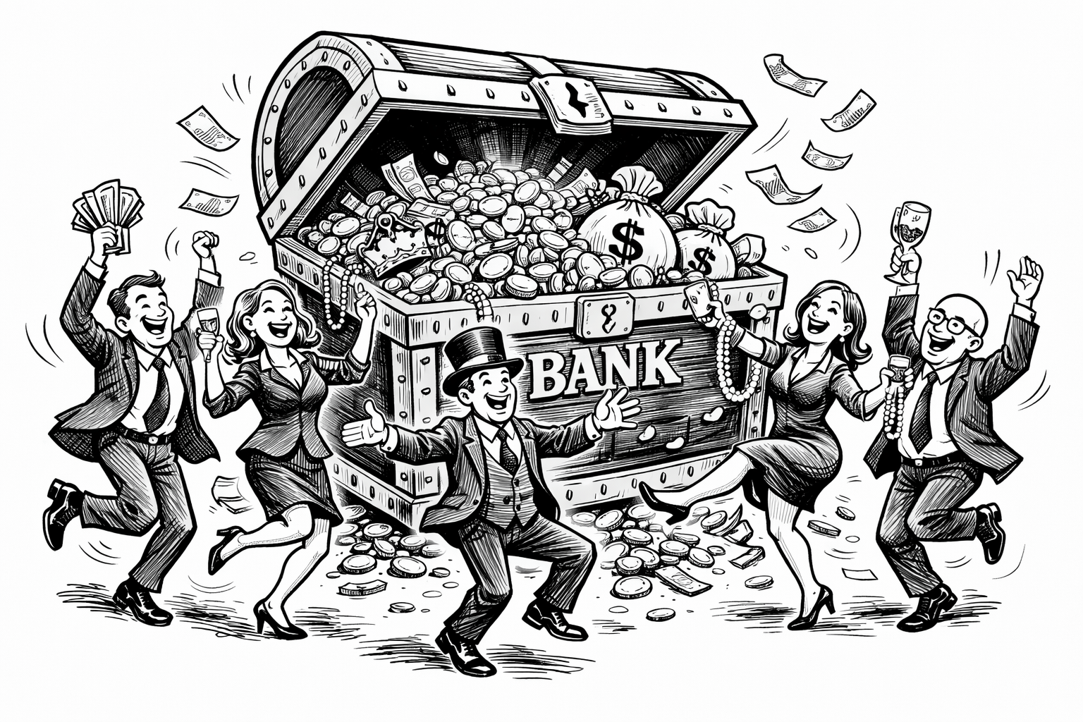 This is a cartoon image of a group of bankers dancing around a treasure chest filled with riches