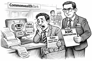 A cartoon style drawing of mortgage fraud investigations at Commonwealth Bank