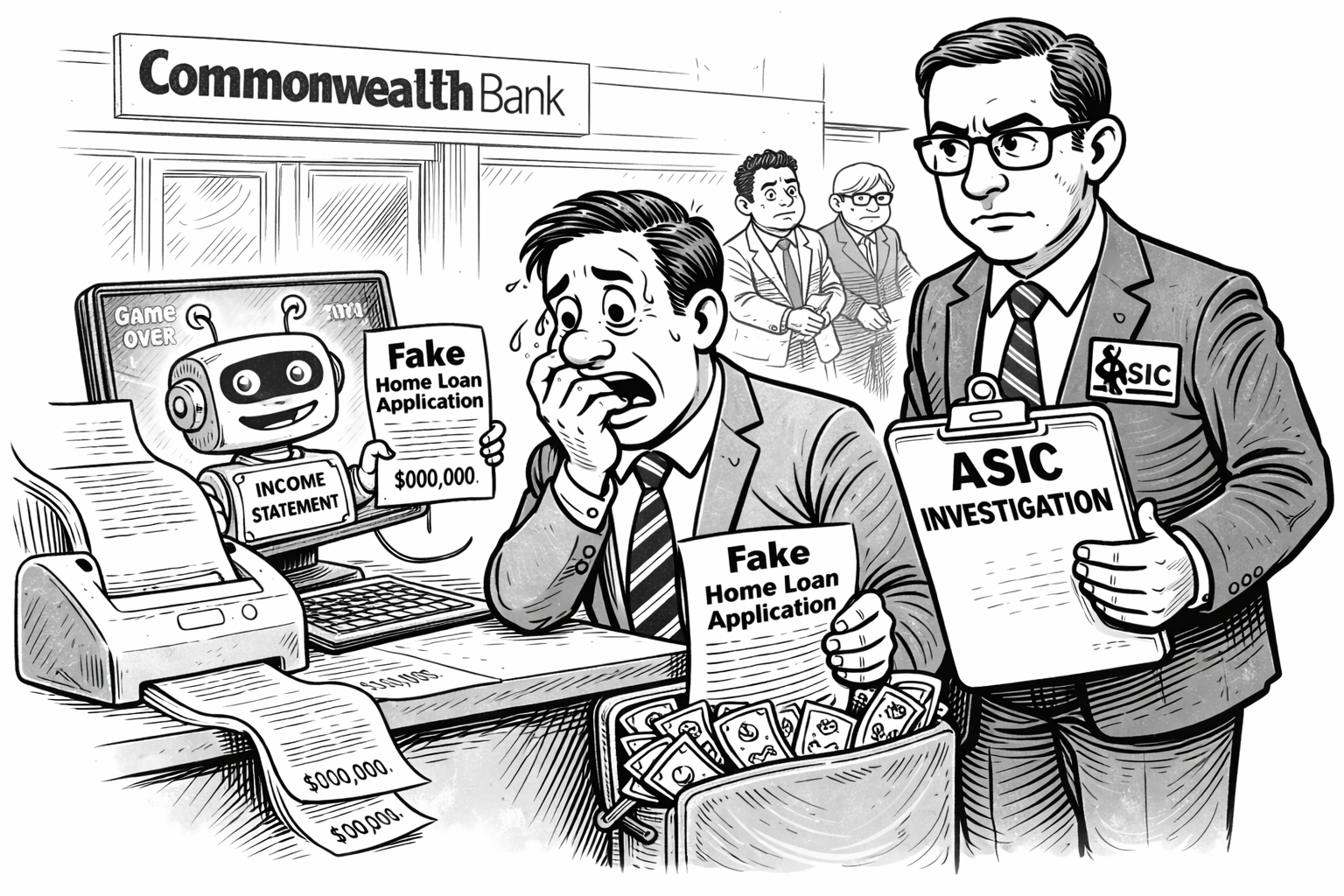 A cartoon style drawing of mortgage fraud investigations at Commonwealth Bank