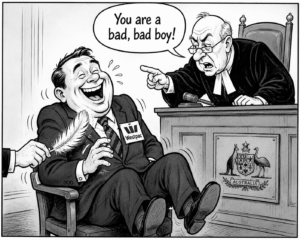 Cartoon Image of westpac executive being tickled while being admonished by a judge