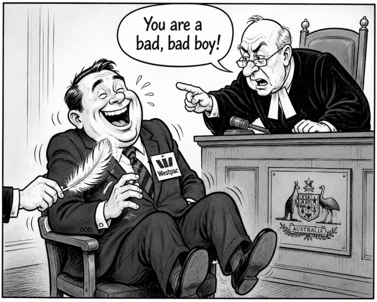 Cartoon Image of westpac executive being tickled while being admonished by a judge