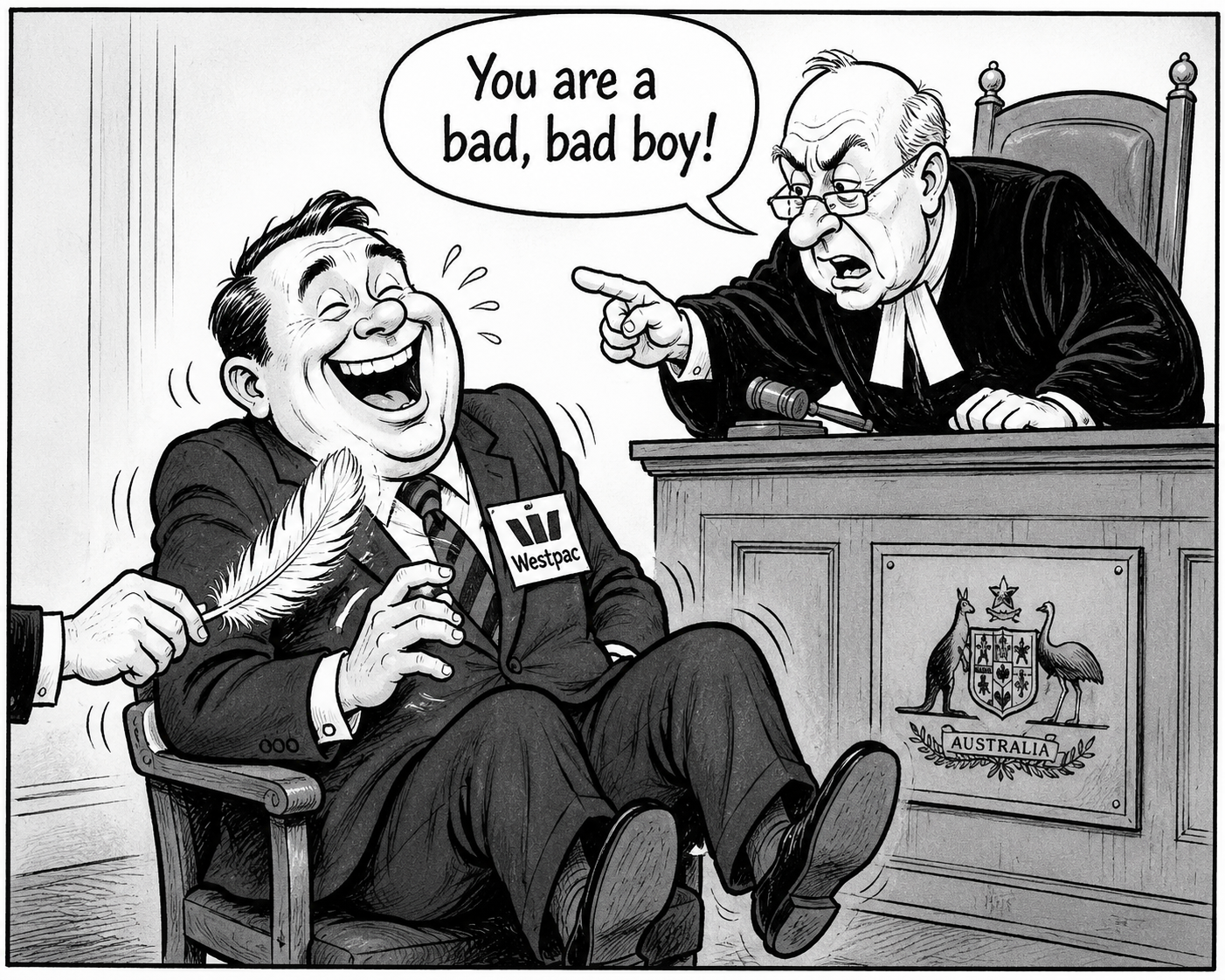 Cartoon Image of westpac executive being tickled while being admonished by a judge