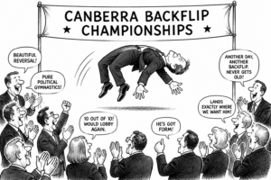 A cartoon which represents a politician performing a backflip following the government's decision to change its CGT plans