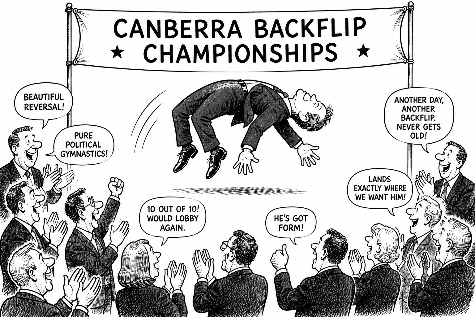 A cartoon which represents a politician performing a backflip following the government's decision to change its CGT plans
