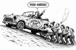 A cartoon of a driver in a stalled vehicle asking a group of helpers to push harder.
