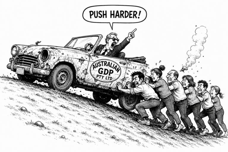 A cartoon of a driver in a stalled vehicle asking a group of helpers to push harder.