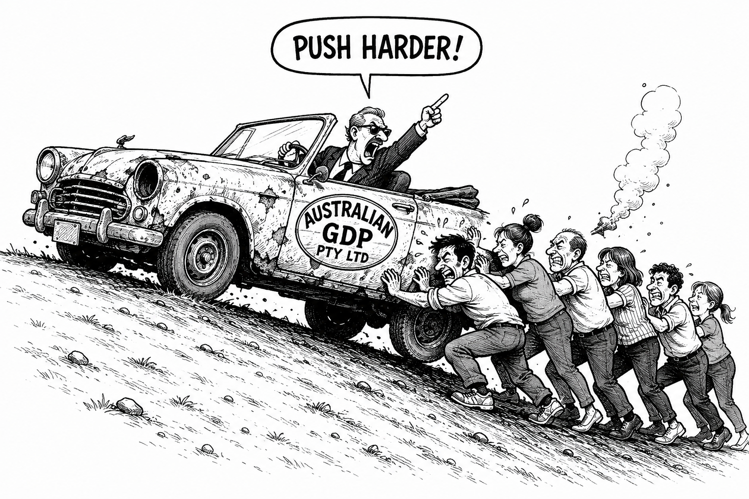 A cartoon of a driver in a stalled vehicle asking a group of helpers to push harder.