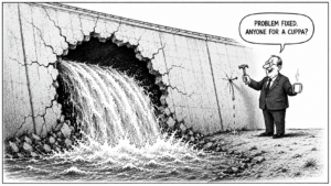 A politician repairs a tiny hole in a dam while water bursts through a much larger hole