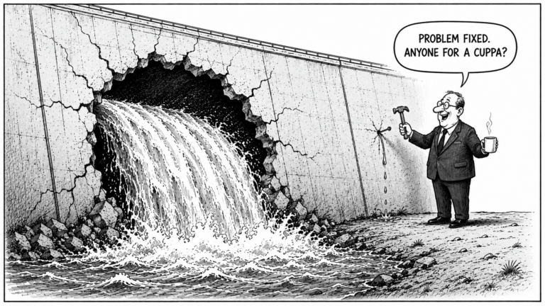A politician repairs a tiny hole in a dam while water bursts through a much larger hole