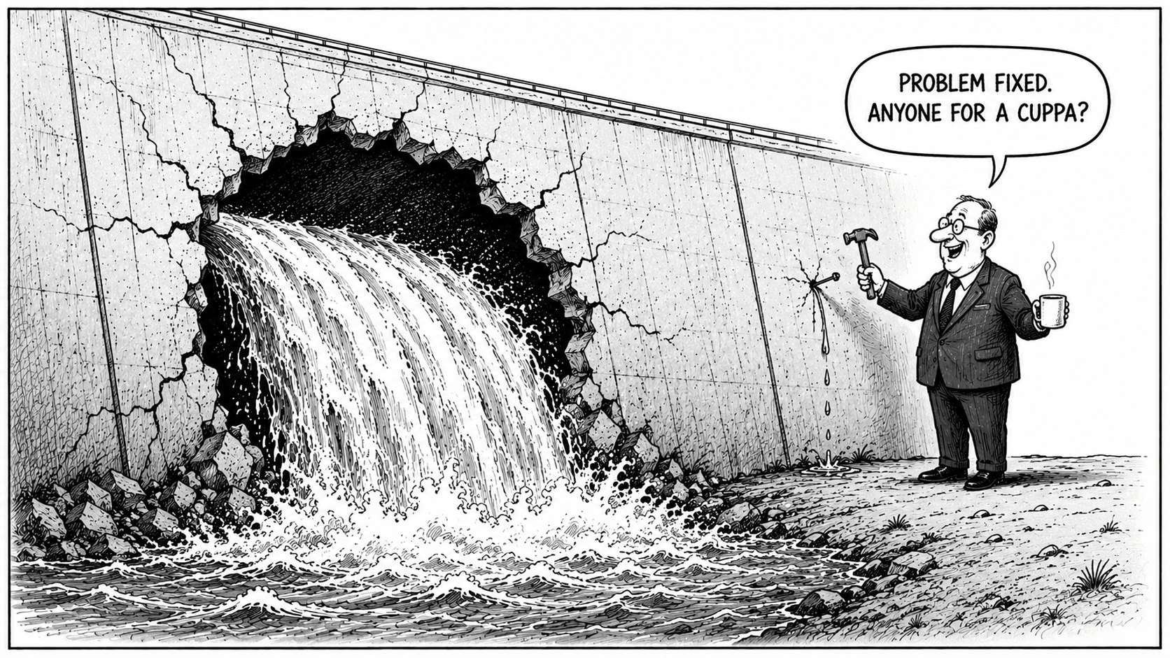 A politician repairs a tiny hole in a dam while water bursts through a much larger hole