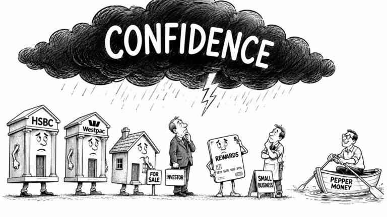 A dark cloud hovers over unhappy banks and people denoting a loss of confidence