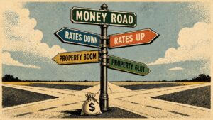 Road sign pointing in various directions to reflect diverging financial trends