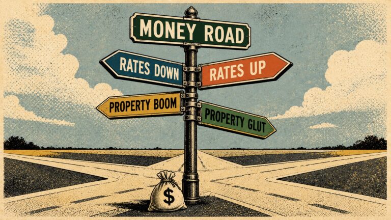 Road sign pointing in various directions to reflect diverging financial trends