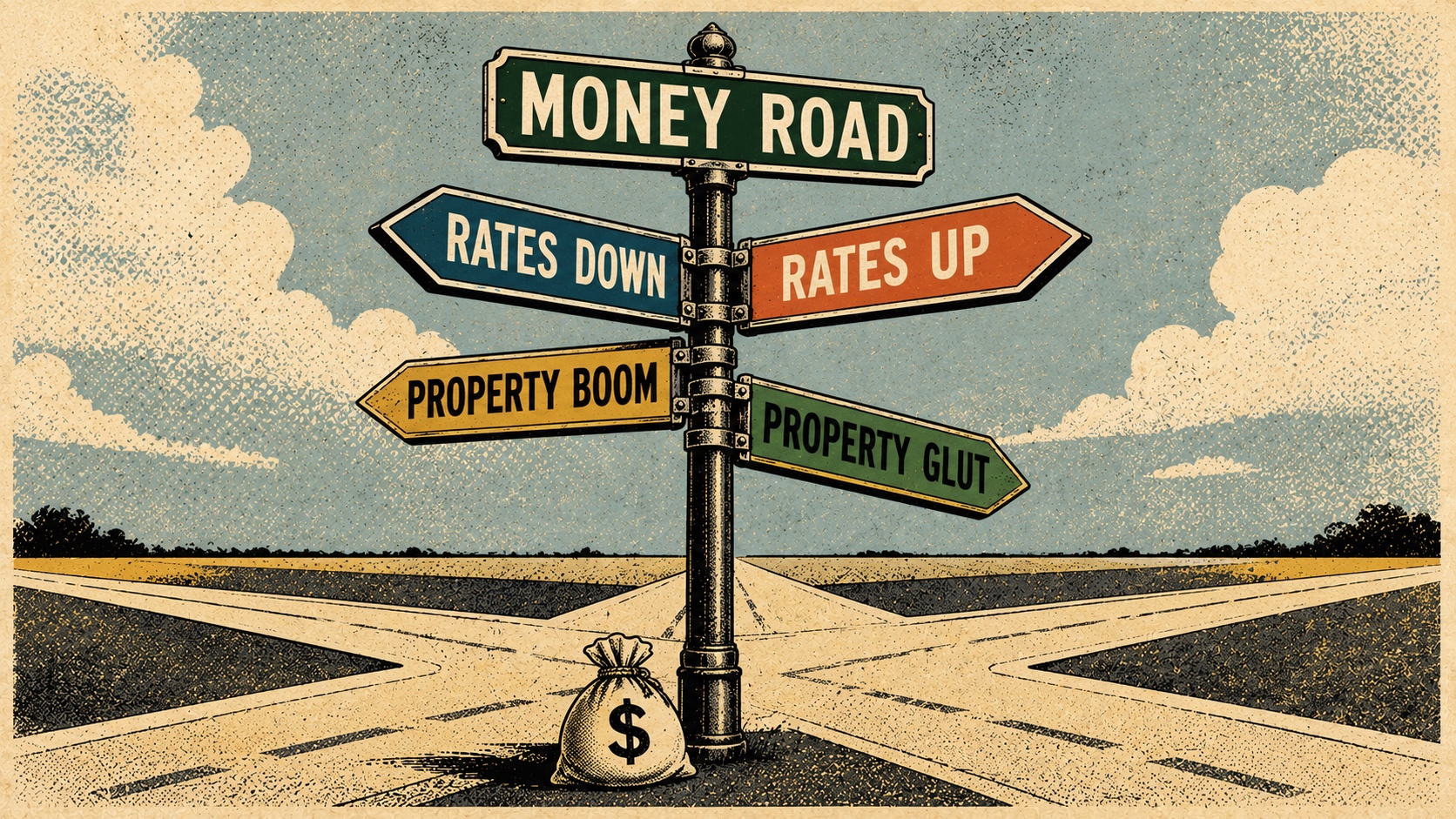 Road sign pointing in various directions to reflect diverging financial trends