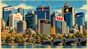 Image of a CBD with bank buildings in the foreground