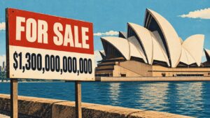 Picture of the Opera House witha $1.3 trillion dollar for sale sign