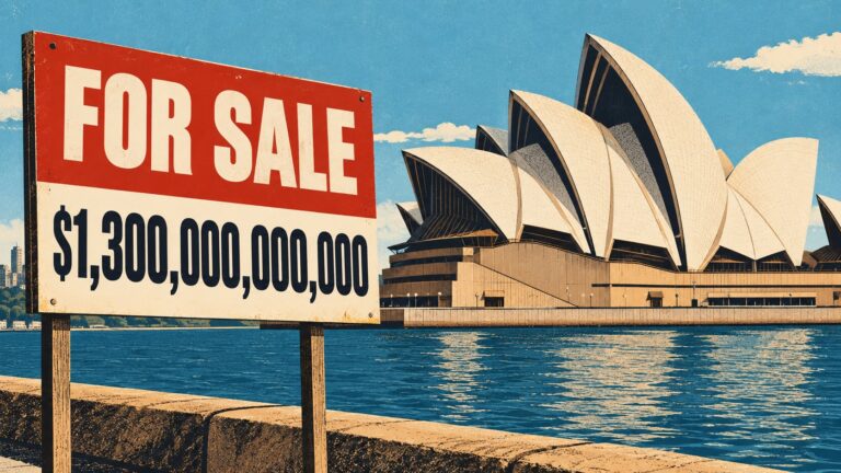 Picture of the Opera House witha $1.3 trillion dollar for sale sign