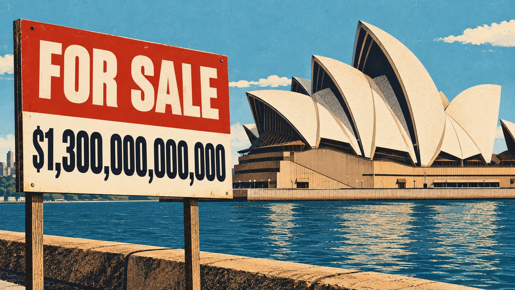 Picture of the Opera House witha $1.3 trillion dollar for sale sign